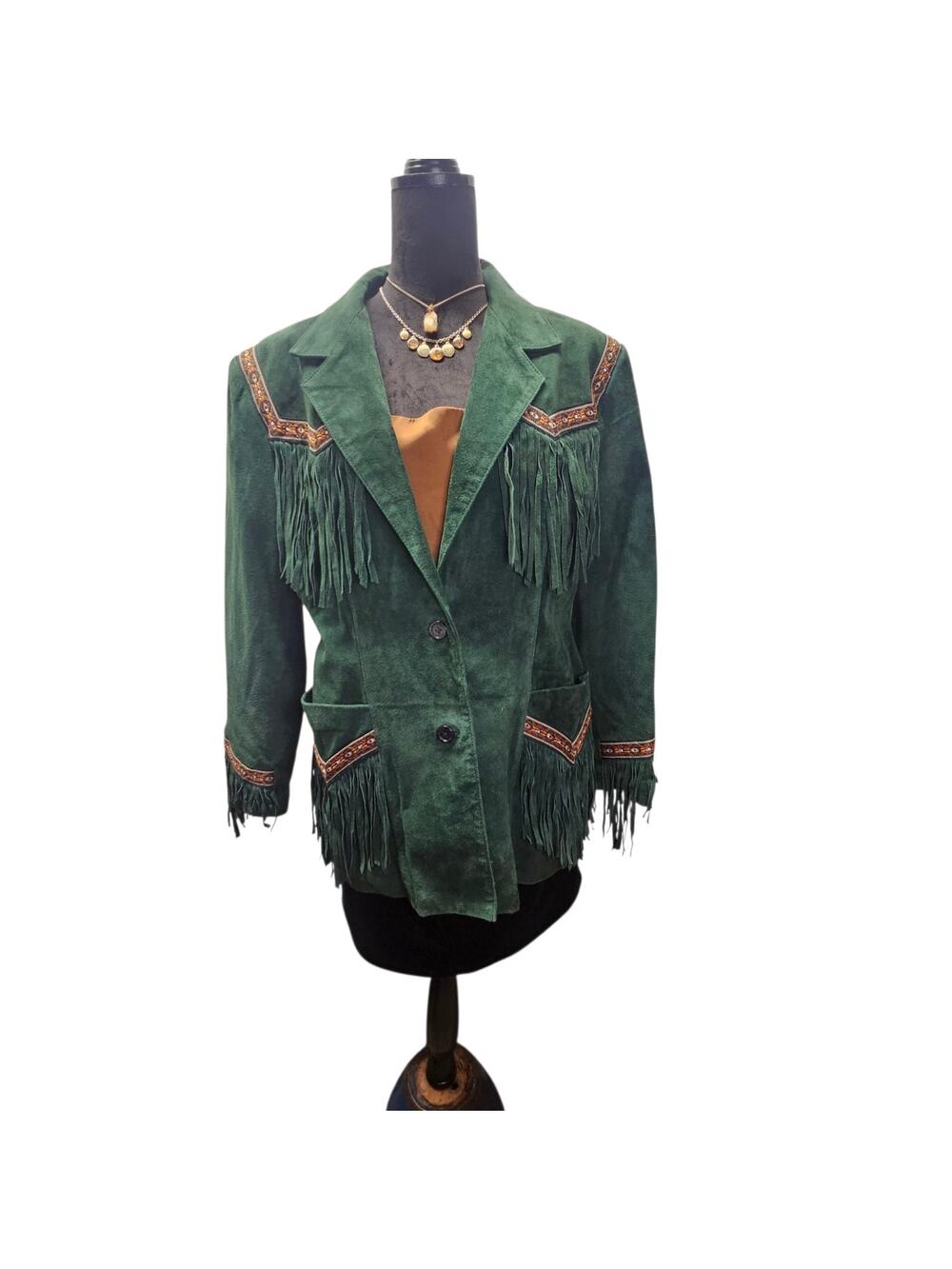 Vintage Western Green Suede Fringe Leather Jacket Sz 14 Embroidered Trim Indie